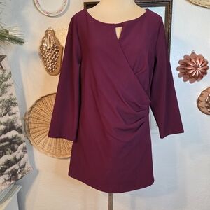 Boston Proper Plum Burgundy Ruched Waist Keyhole Faux Wrap Women's Blouse